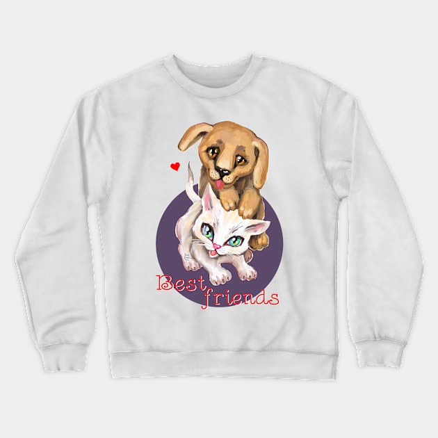 Cute small cat and dog. Sweet little baby pets. Kitten and puppy friends. Crewneck Sweatshirt by Rukki Zukki Art